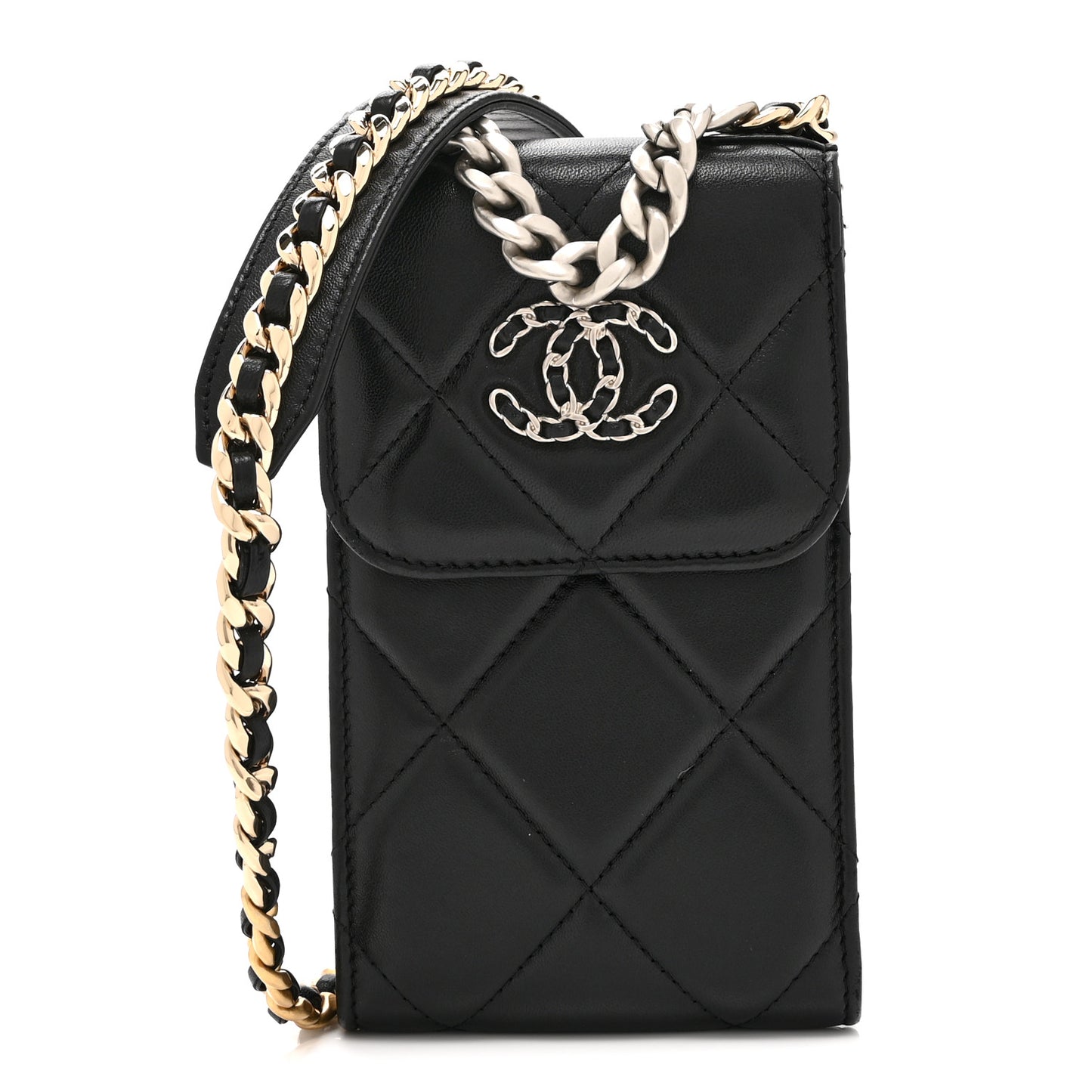 Lambskin Quilted Chanel 19 Phone Holder With Chain Black