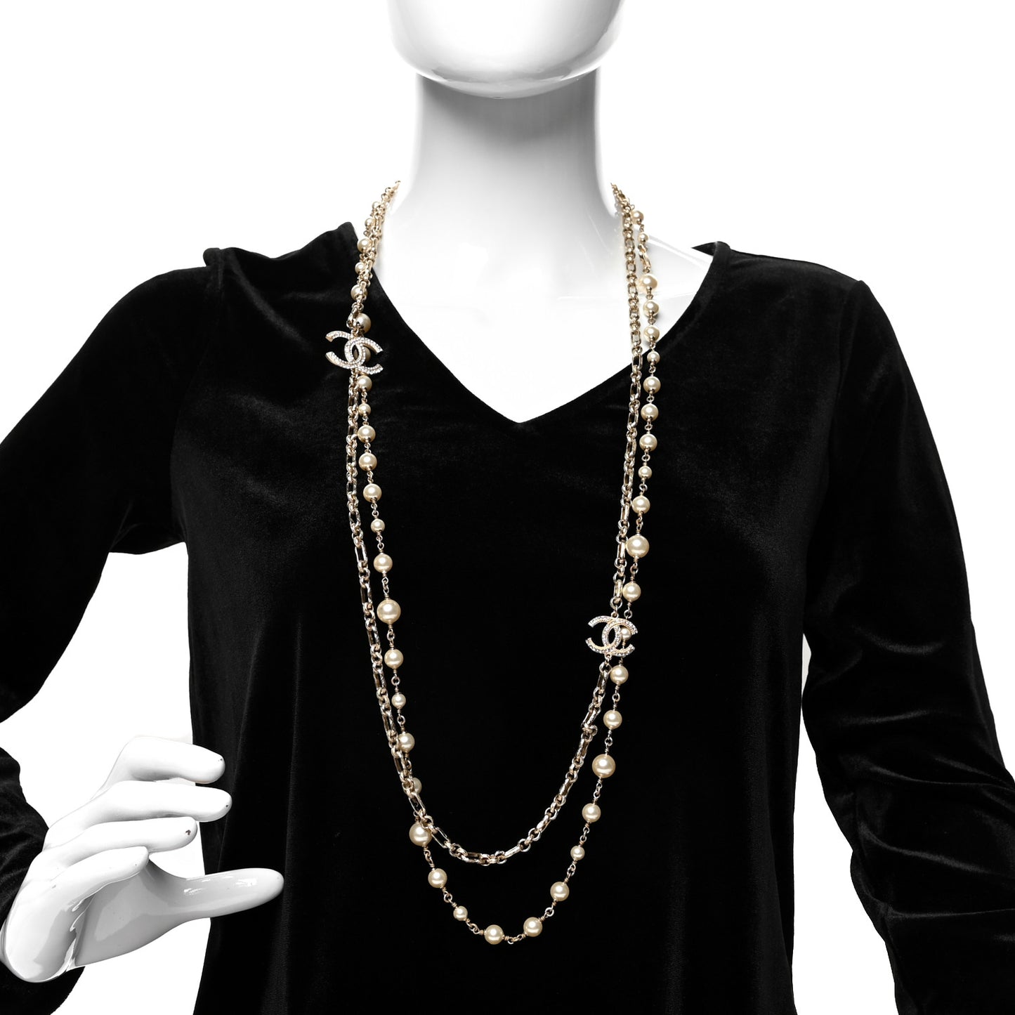 Crystal Pearl CC Long Necklace Silver