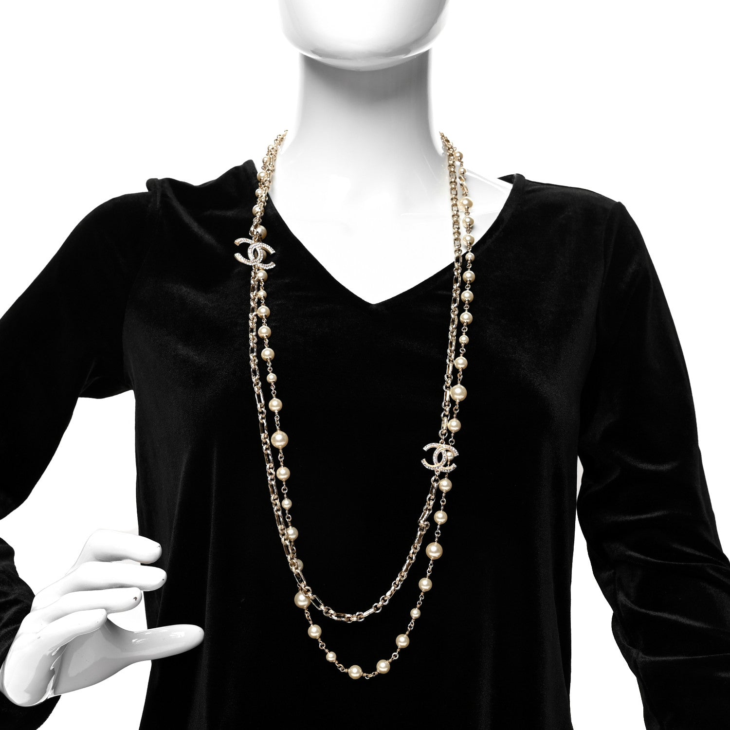 Chanel Crystal Pearl CC Long Necklace Silver 2 of 5