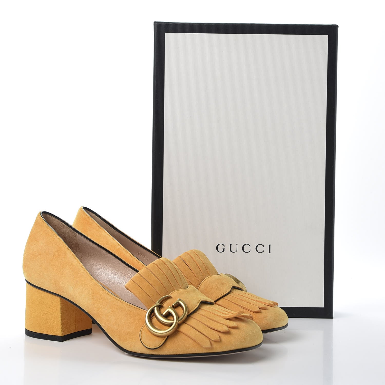 Gucci Kid Scamosciato GG Marmont Fringe 50mm Loafer Pumps 38 Crystal Copper 10 of 10