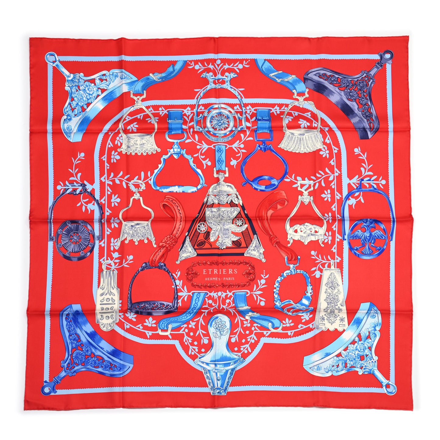 Silk Etriers Scarf 90 Rouge Vif Bleu