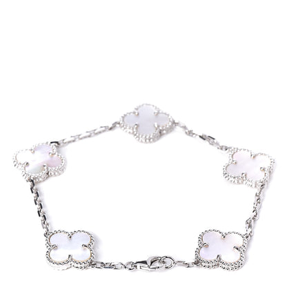 Van Cleef & Arpels 18K White Gold Mother of Pearl 5 Motifs Vintage Alhambra Bracelet 3 of 7