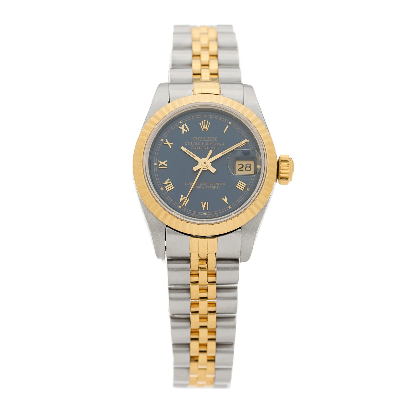 Stainless Steel 18K Yellow Gold 26mm Oyster Perpetual Datejust Watch Blue Roman 69173