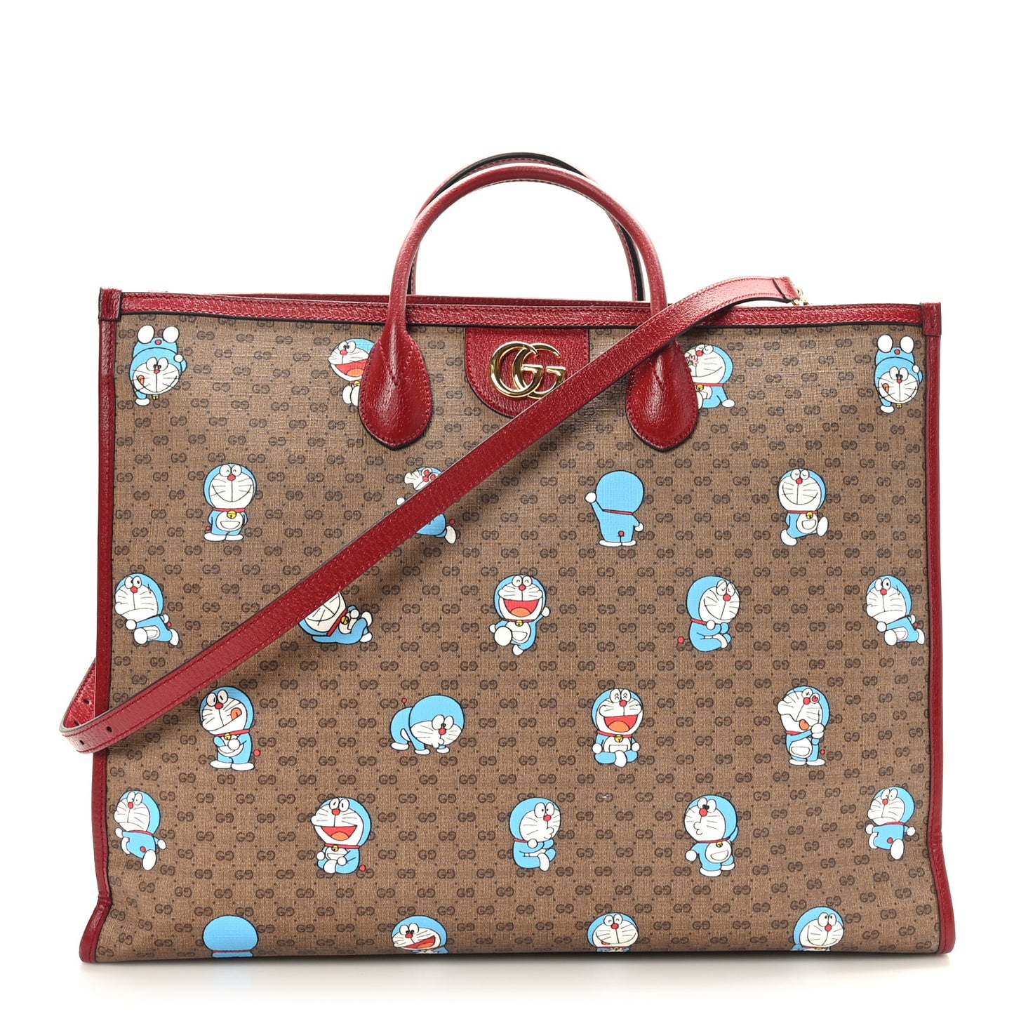 X DORAEMON Mini Vintage GG Supreme Monogram Large Tote Bag Beige Cherry Red