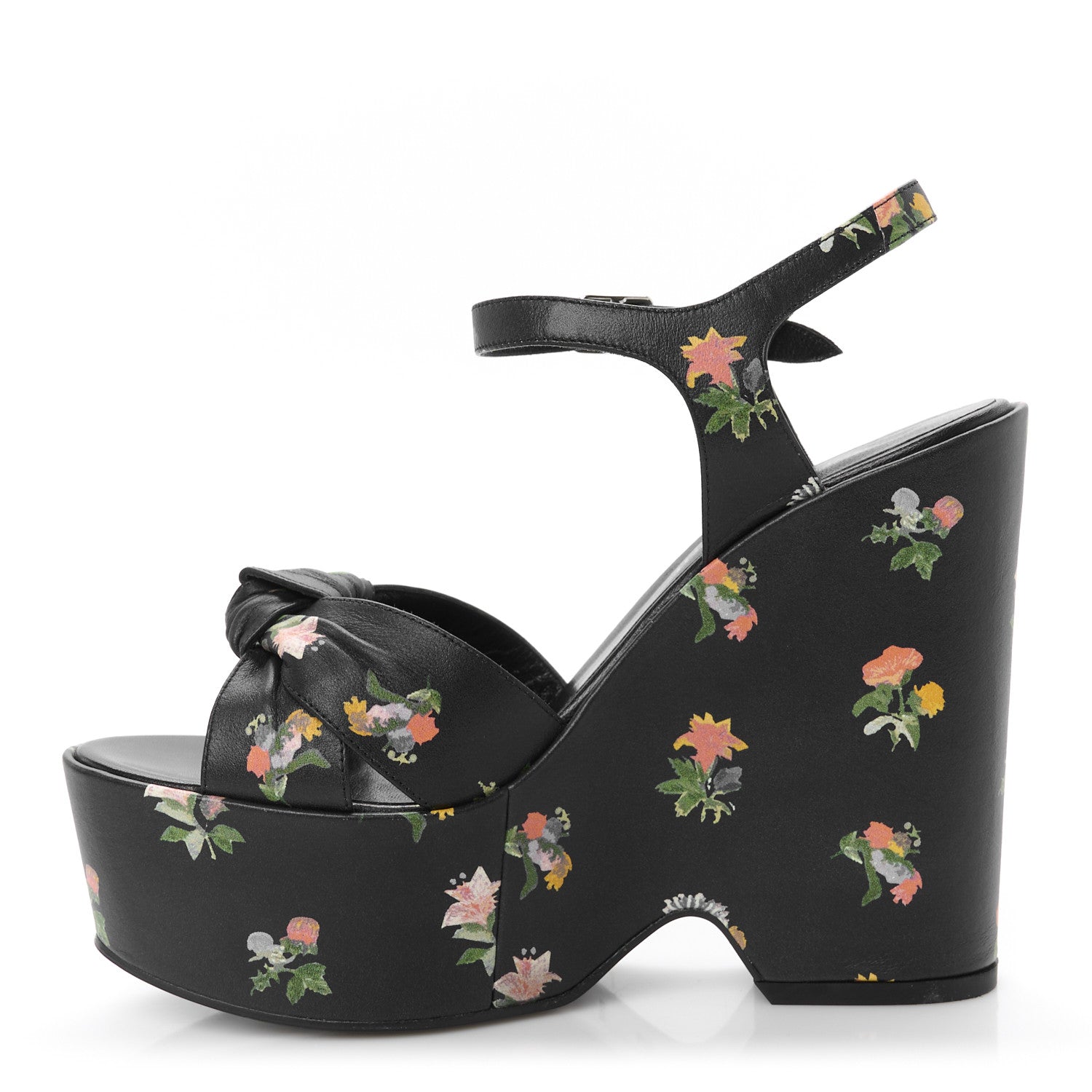 Saint Laurent Nappa Calfskin Grunge Flower Printed Candy 85 Platform Wedge Sandals 37.5 Black Multicolor 1 of 10