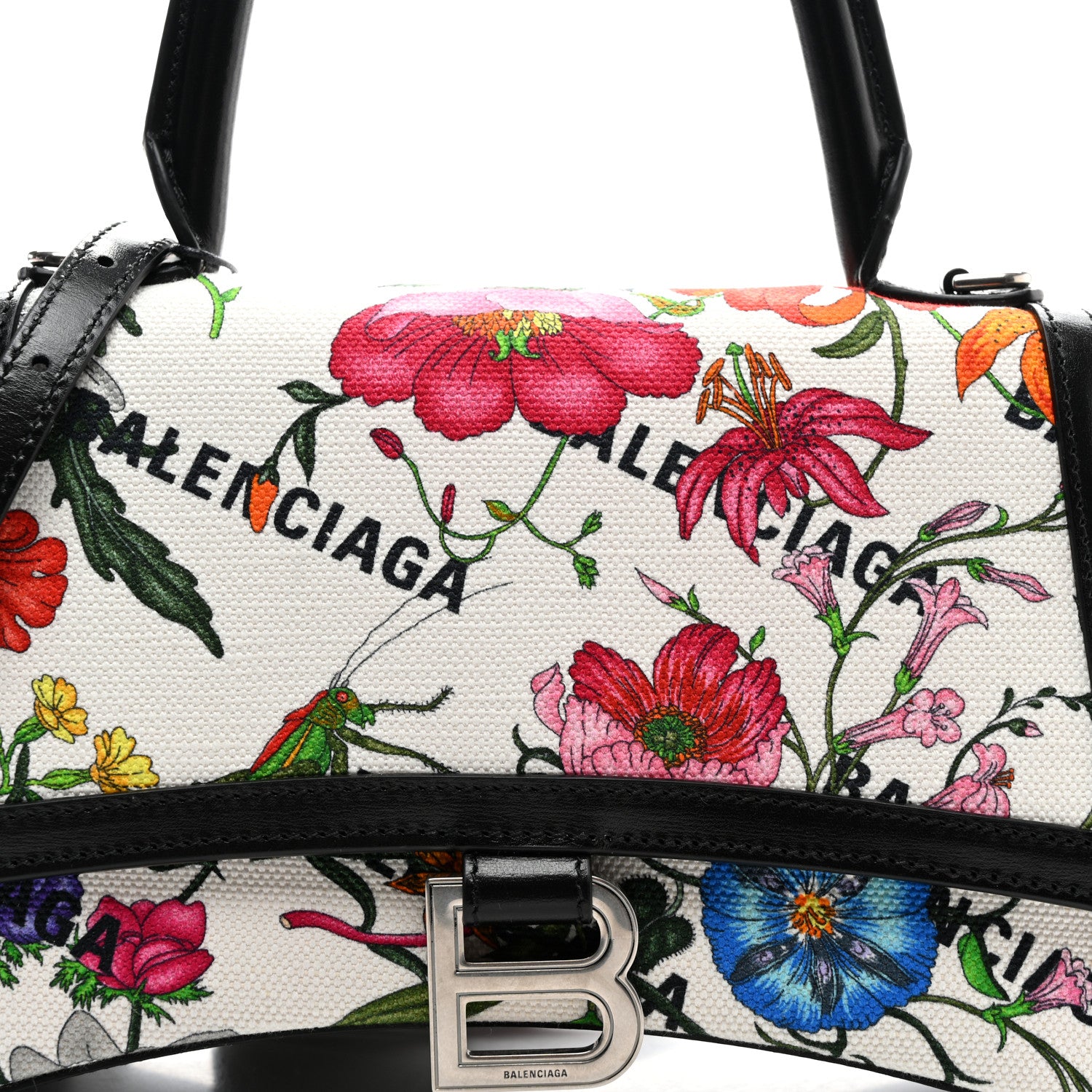 Balenciaga X GUCCI Canvas Boarded Plutone Calfskin Flora Logo Print Small Hourglass Top Handle Bag White Multicolor Black 7 of 9