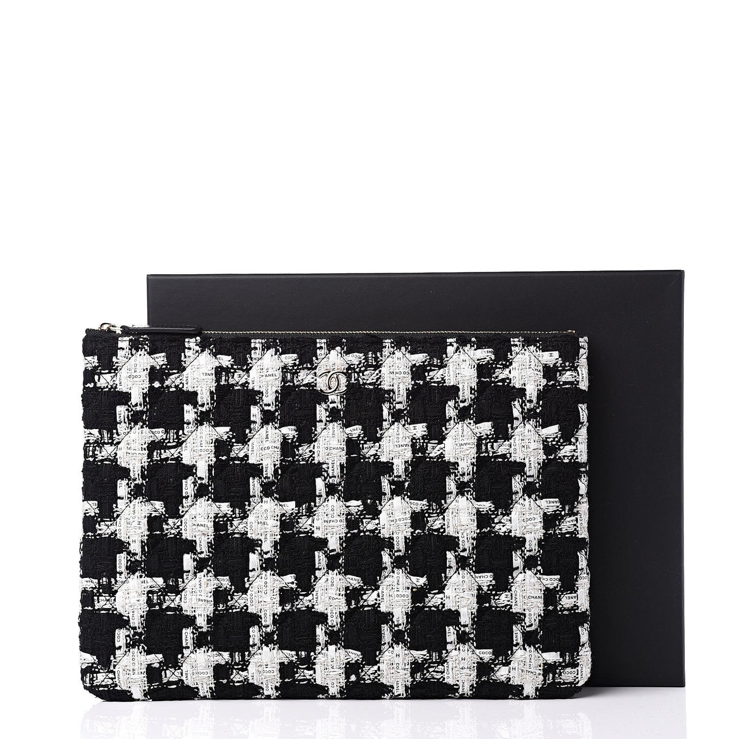 Tweed Quilted Medium Cosmetic Pouch Black Ecru White