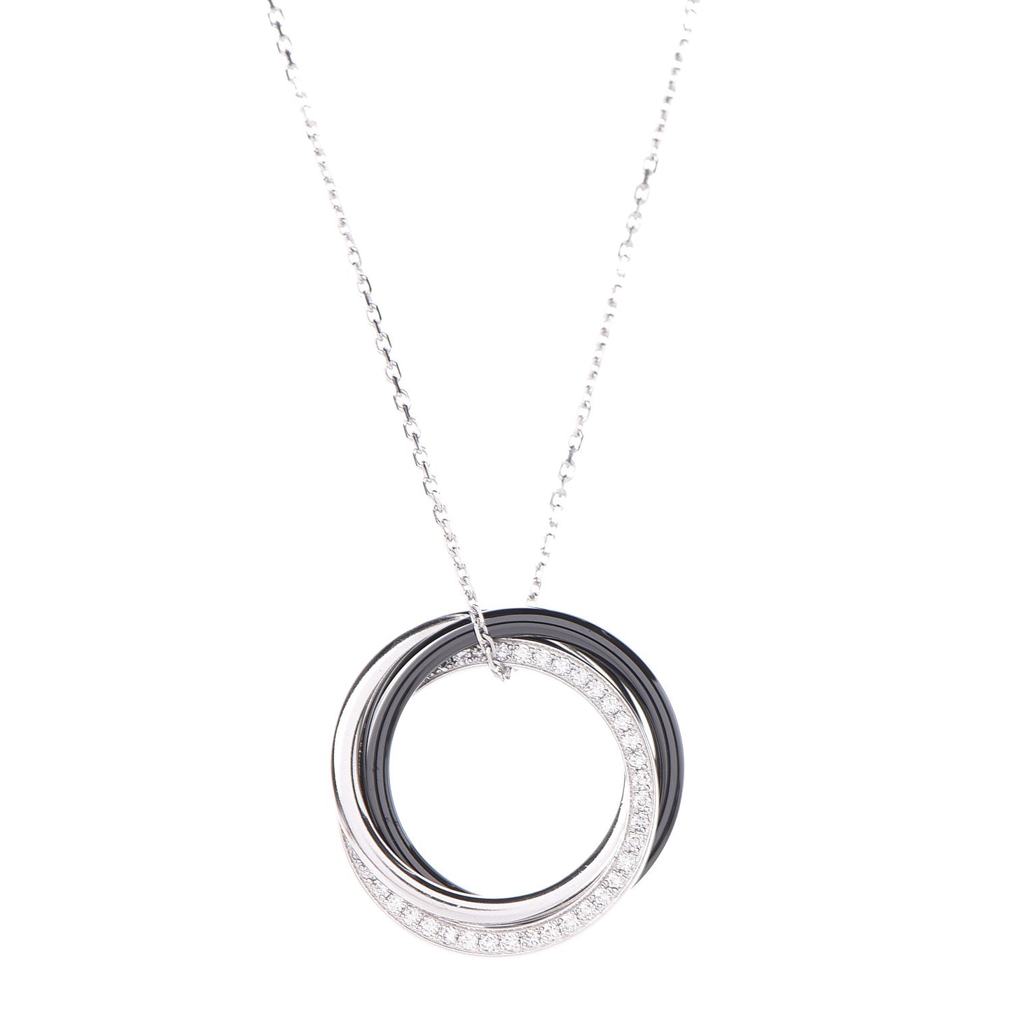 18K White Gold Platinum Black Ceramic Diamond Trinity Pendant Necklace