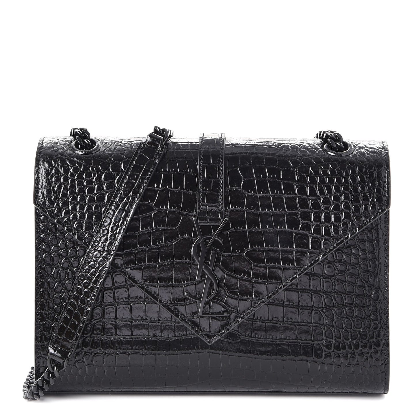 Calfskin Crocodile Embossed Medium Monogram Envelope Chain Shoulder Bag Black