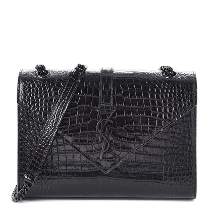 Saint Laurent Calfskin Crocodile Embossed Medium Monogram Envelope Chain Shoulder Bag Black 1 of 8