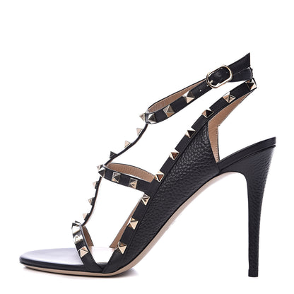 Valentino Garavani Pebbled Calfskin Rockstud Ankle Strap Open Toe 100mm Sandals 40 Black 1 of 9
