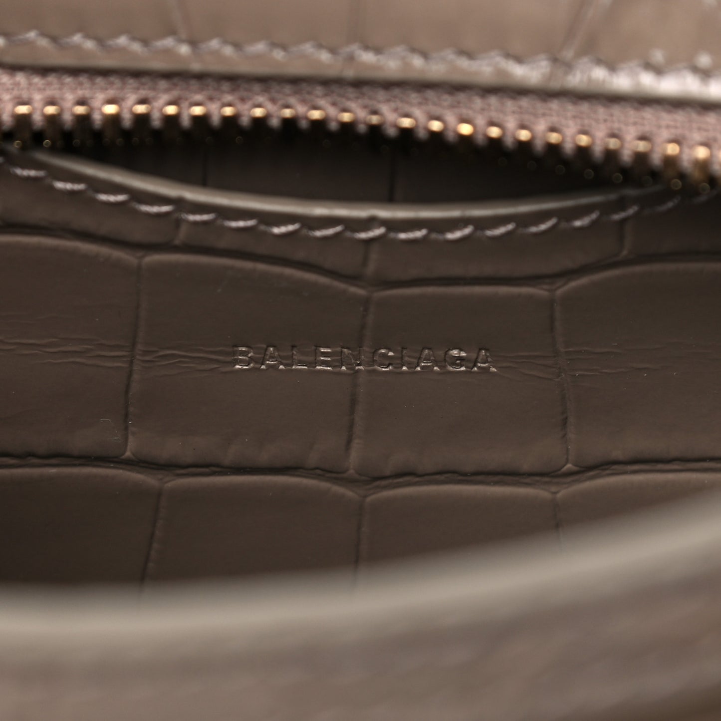 Shiny Supple Calfskin Crocodile Embossed Neo Classic Gold Hardware Nano City Crossbody Mink Grey