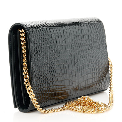 Saint Laurent Calfskin Crocodile Embossed Cassandre Wallet On Chain WOC Black 3 of 9