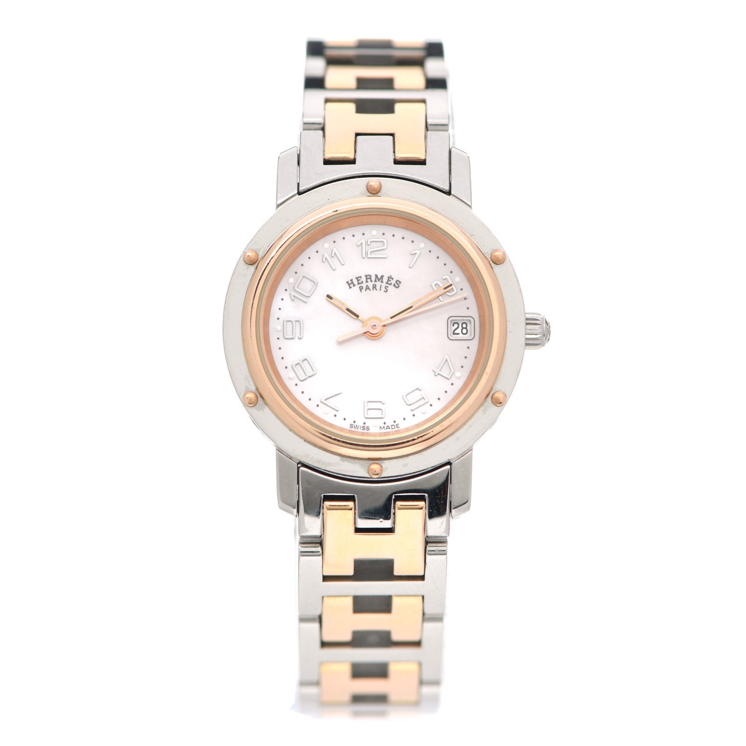 Hermes Stainless Steel Mother of Pearl 24mm Clipper Quartz Watch Rose Gold 1 of 8