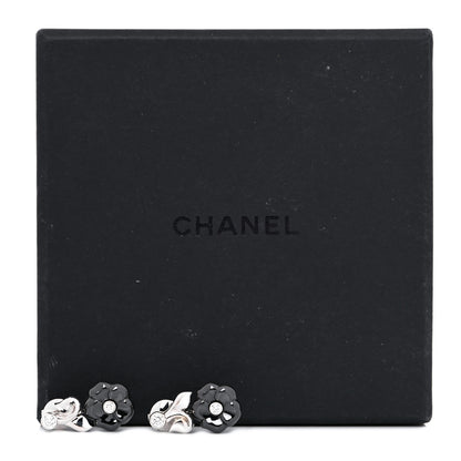 Chanel 18K White Gold Diamond Black Ceramic Camelia Galbe Earrings 5 of 5