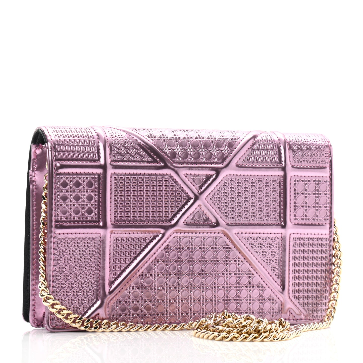 Metallic Patent Micro-Cannage Diorama Wallet on Chain Pouch Pink