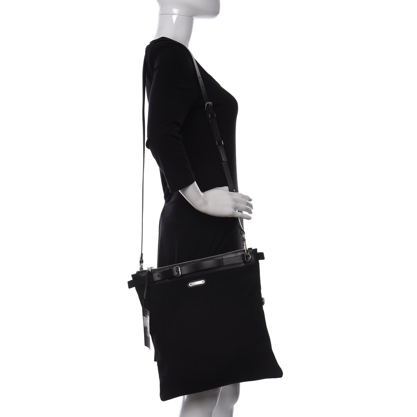 Canvas Calfskin Belted Flat Messenger Bag Black