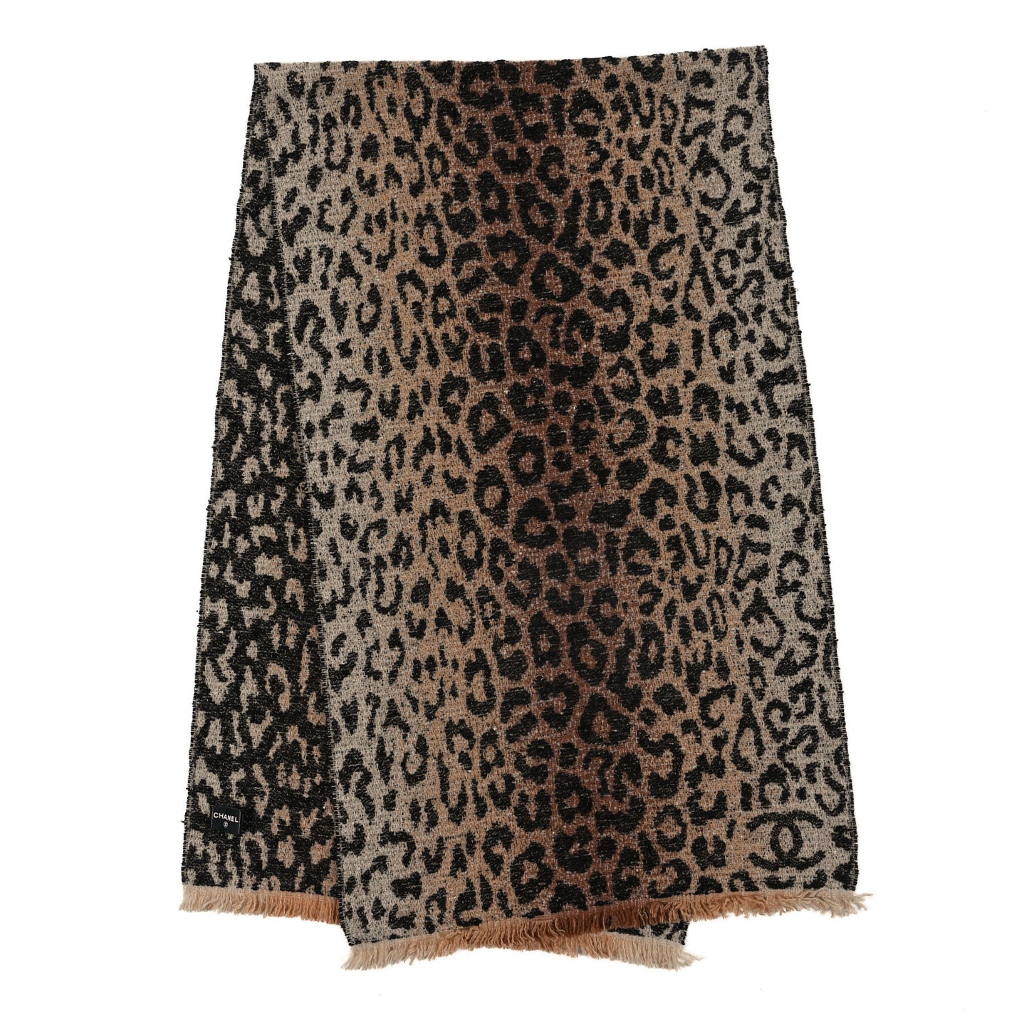 Wool Mixed Fibers Leopard Print Fringe Stole Beige Brown Black