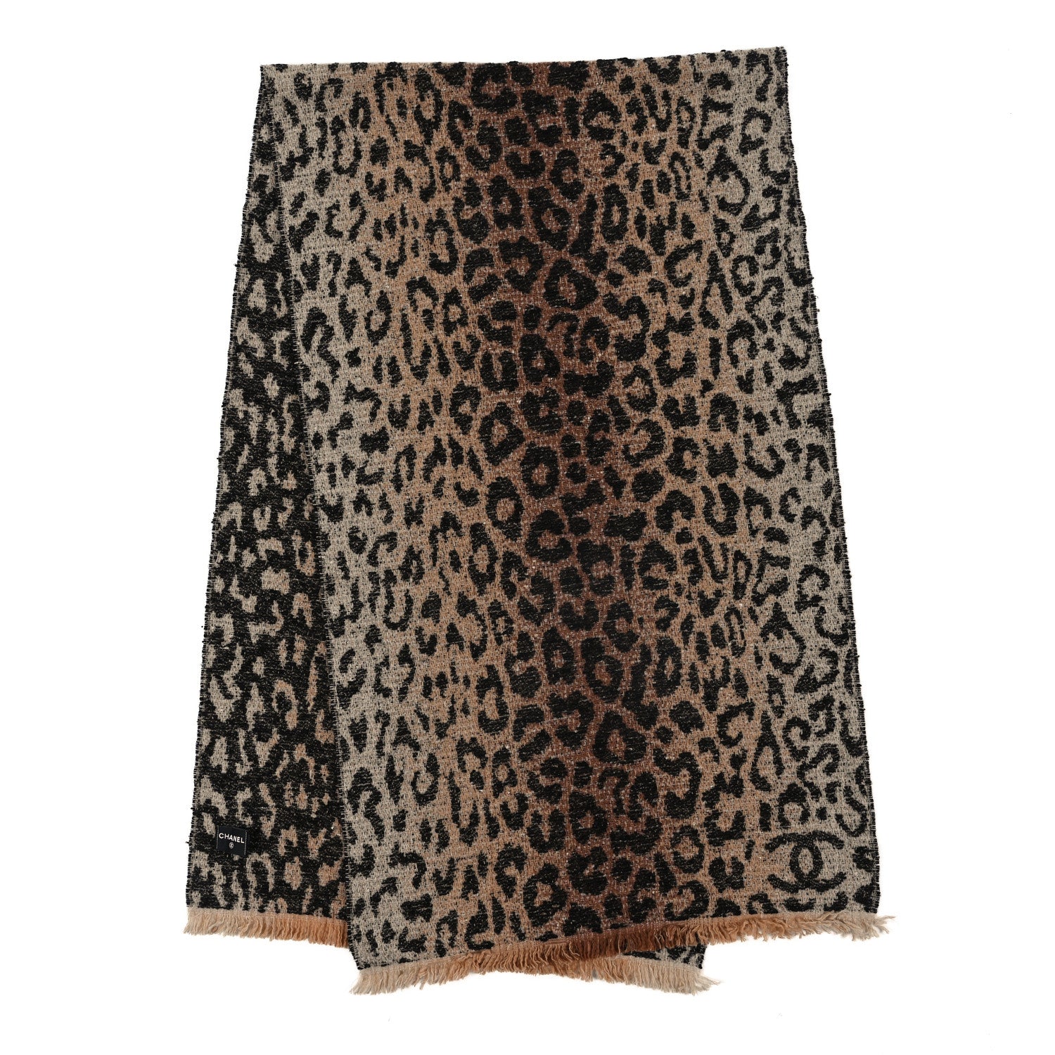 Chanel Wool Mixed Fibers Leopard Print Fringe Stole Beige Brown Black 2 of 3