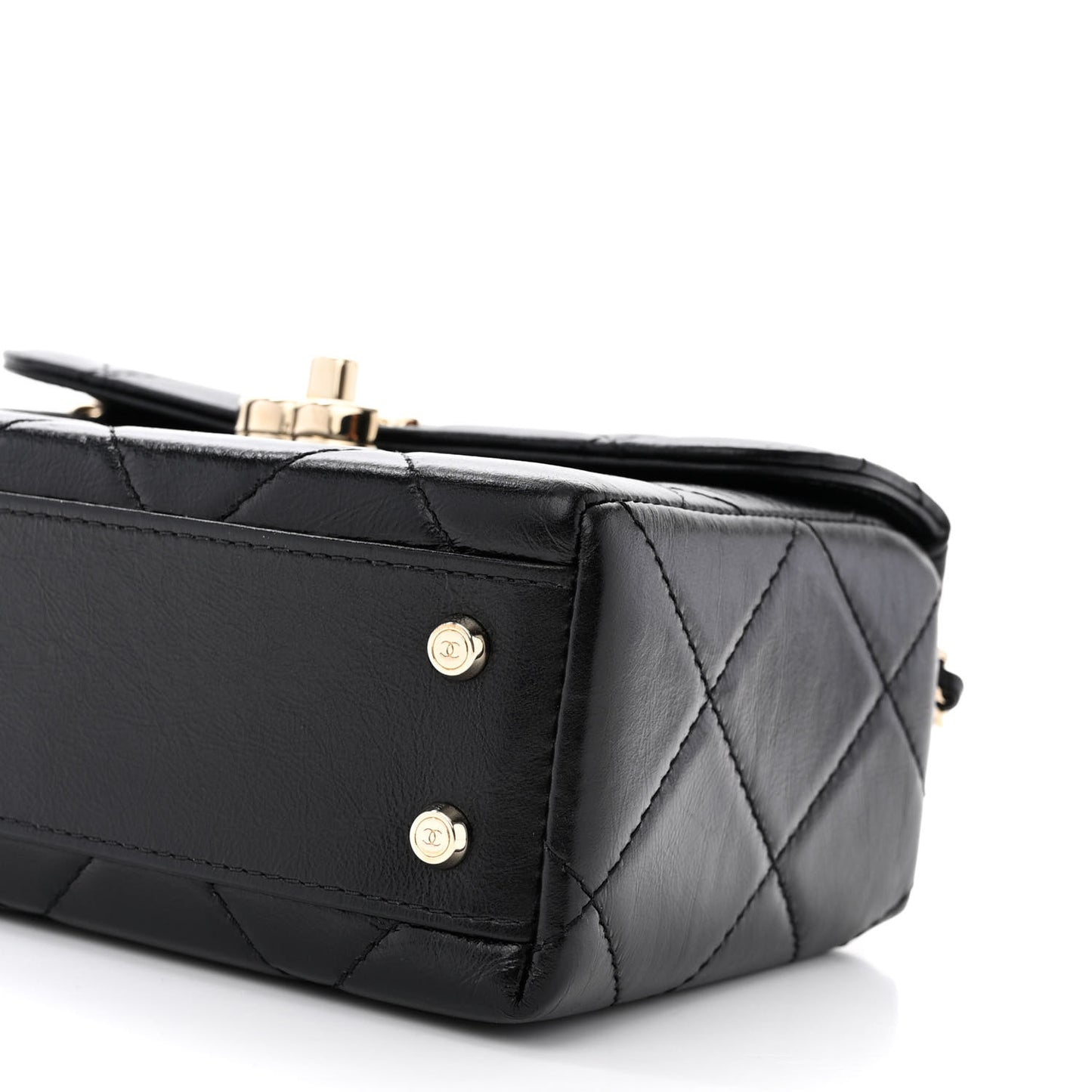Shiny Calfskin Quilted Small CC Top Handle Box Bag Black