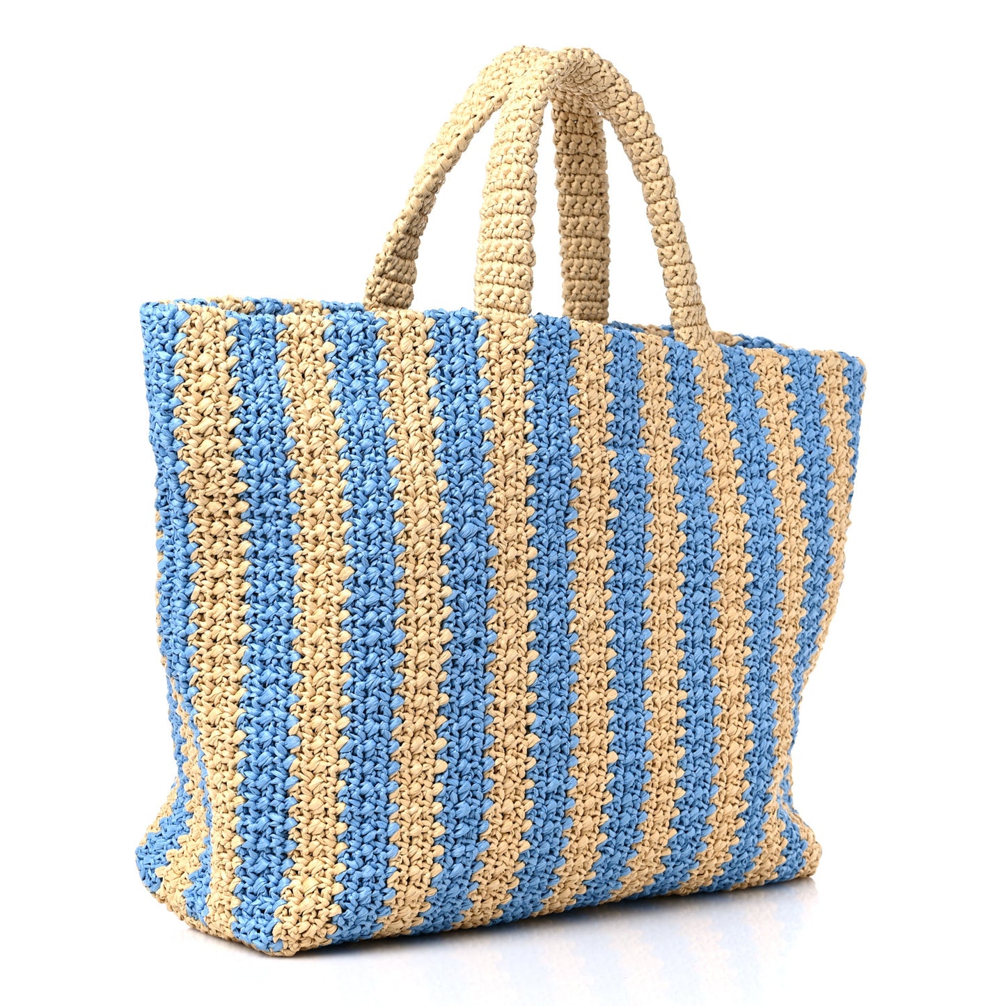 Yarn Raffia Effect Crochet Striped Large Logo Tote Naturale Celeste