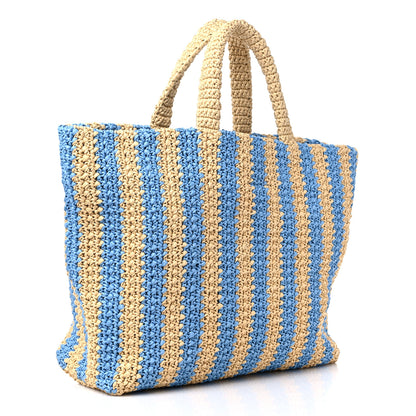 Prada Yarn Raffia Effect Crochet Striped Large Logo Tote Naturale Celeste 3 of 8
