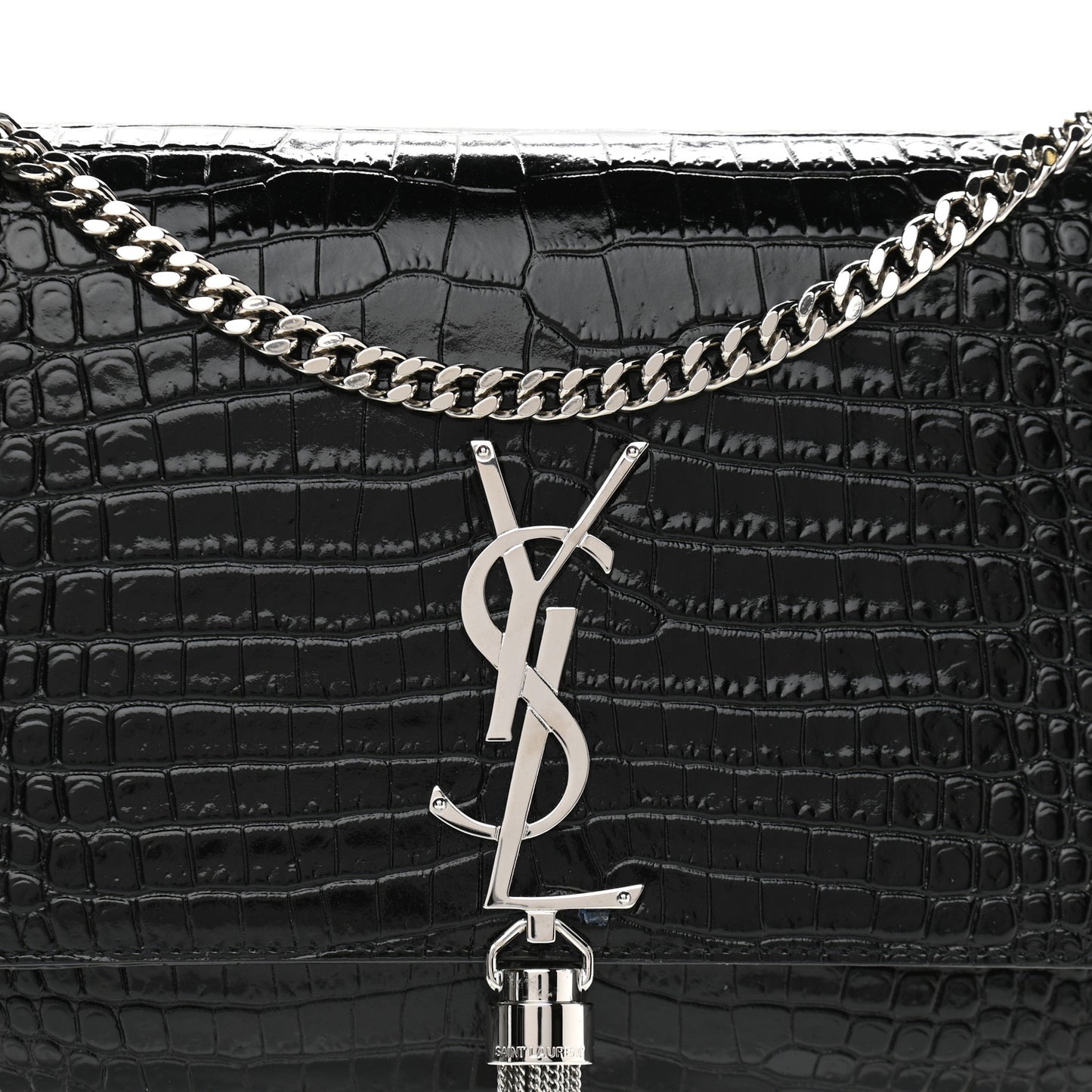 Calfskin Crocodile Embossed Medium Classic Monogram Kate Tassel Satchel Black