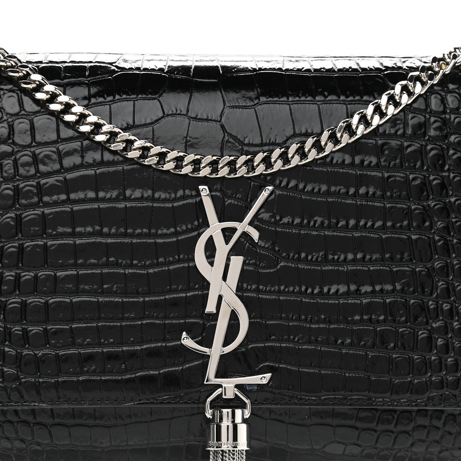 Saint Laurent Calfskin Crocodile Embossed Medium Classic Monogram Kate Tassel Satchel Black 7 of 9