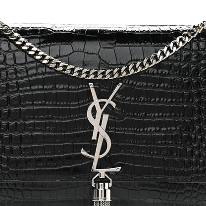 Saint Laurent Calfskin Crocodile Embossed Medium Classic Monogram Kate Tassel Satchel Black 7 of 9