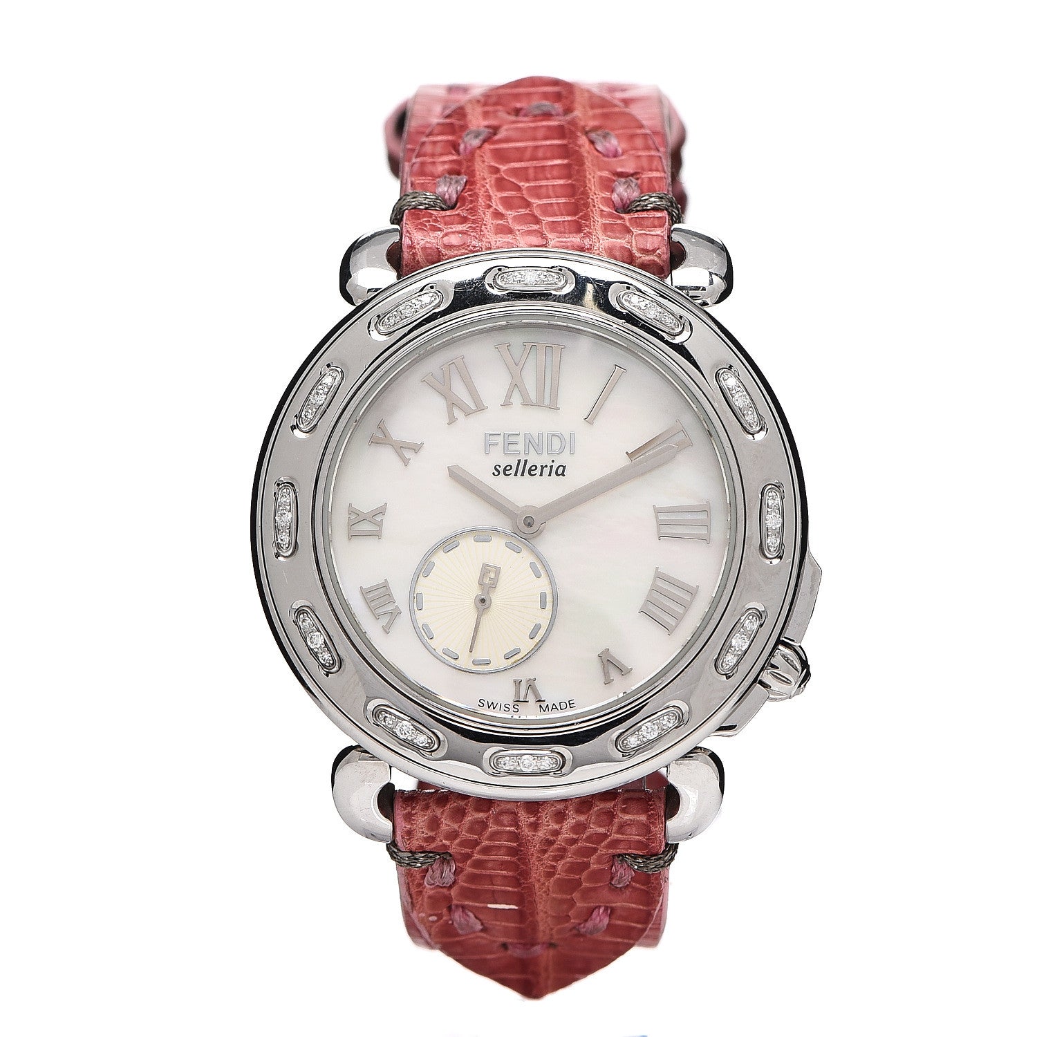 Fendi Stainless Steel Calfskin Diamond Mother of Pearl 37mm Selleria Quartz Watch Red 1 of 5