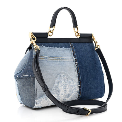 Dolce & Gabbana Calfskin Denim Patchwork Medium Miss Sicily Satchel Blue 3 of 11