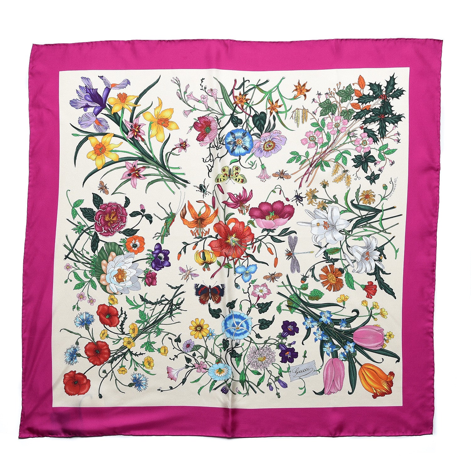 Gucci Silk Twill Flora Fluo Square Scarf Ivory Pink 1 of 3