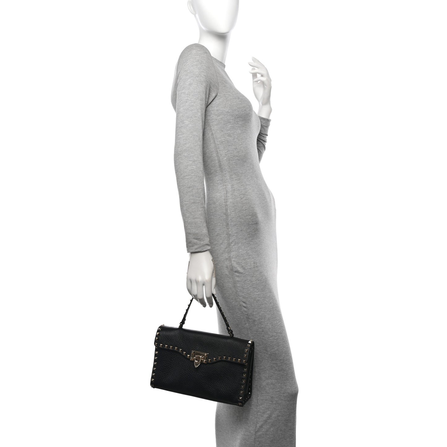 Pebbled Calfskin Rockstud Flip Lock Top Handle Bag Black