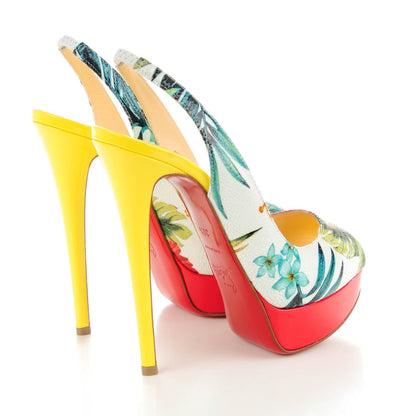 Christian Louboutin Crackled Calfskin Patent Hawaii Print Lady Peep Sling 150 Pumps 36.5 Version White 4 of 8