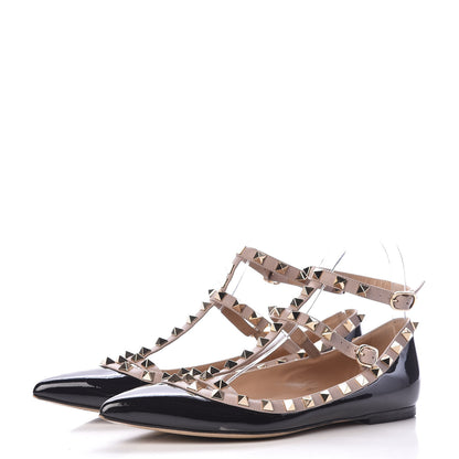 Valentino Garavani Patent Nappa Rockstud Cage Ballerina Flats 38 Black Poudre 3 of 13