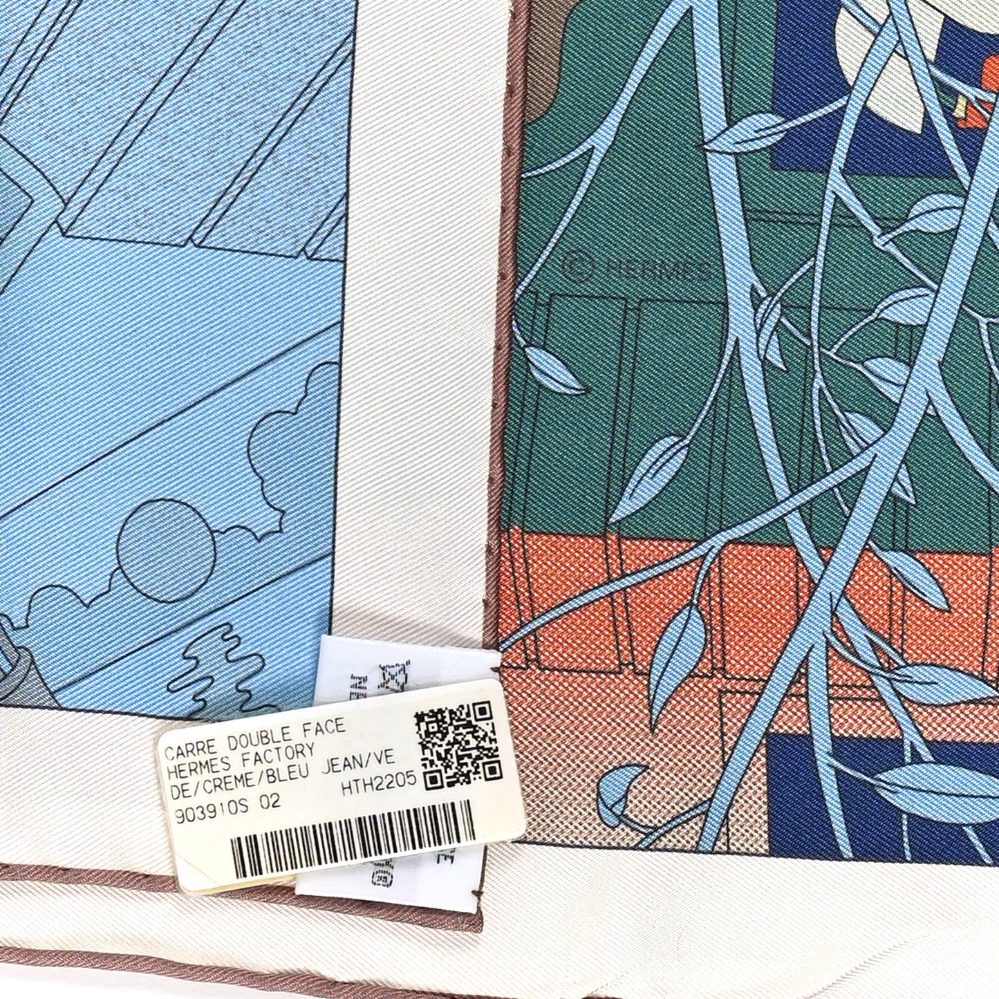 Silk Hermes Factory Double Face Scarf 90 Creme Blue Jean Vert