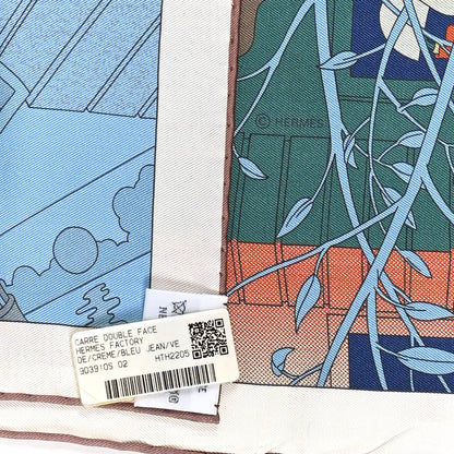 Hermes Silk Hermes Factory Double Face Scarf 90 Creme Blue Jean Vert 3 of 3