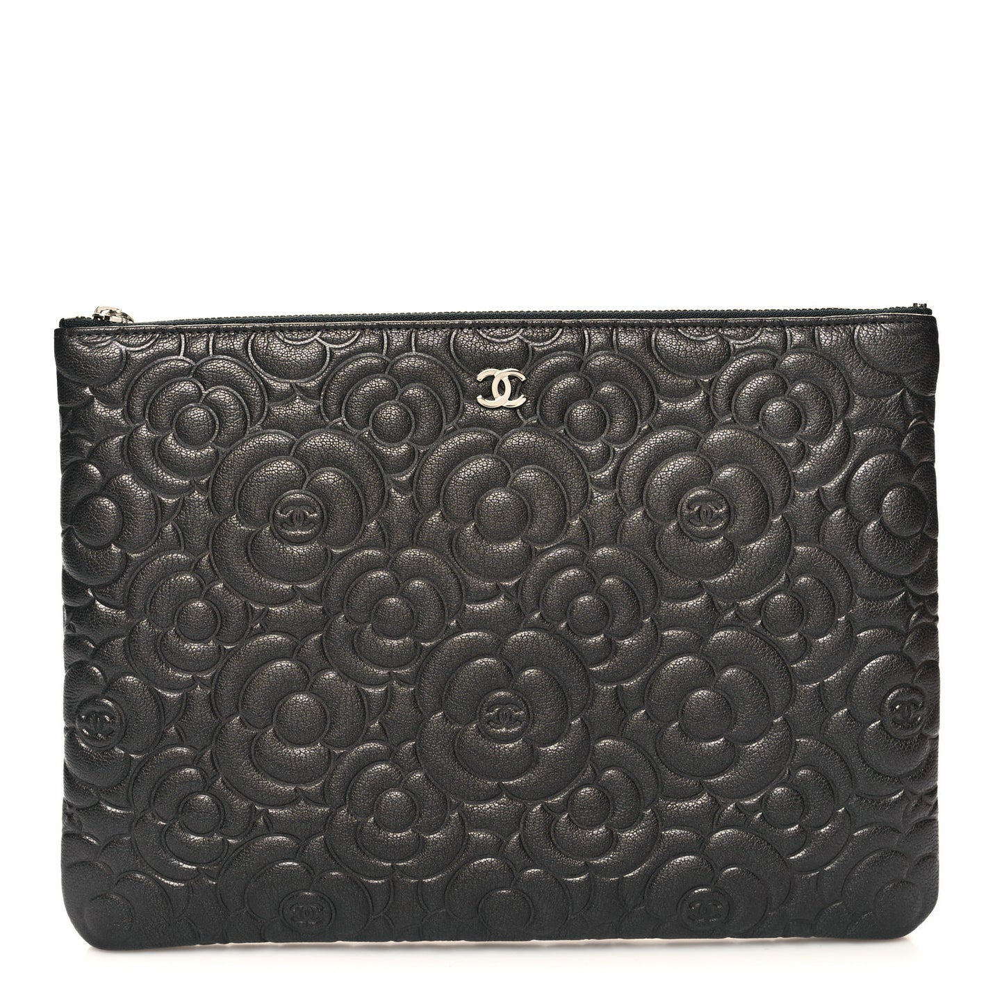 Goatskin Camellia Embossed Medium Cosmetic Case Dark Grey