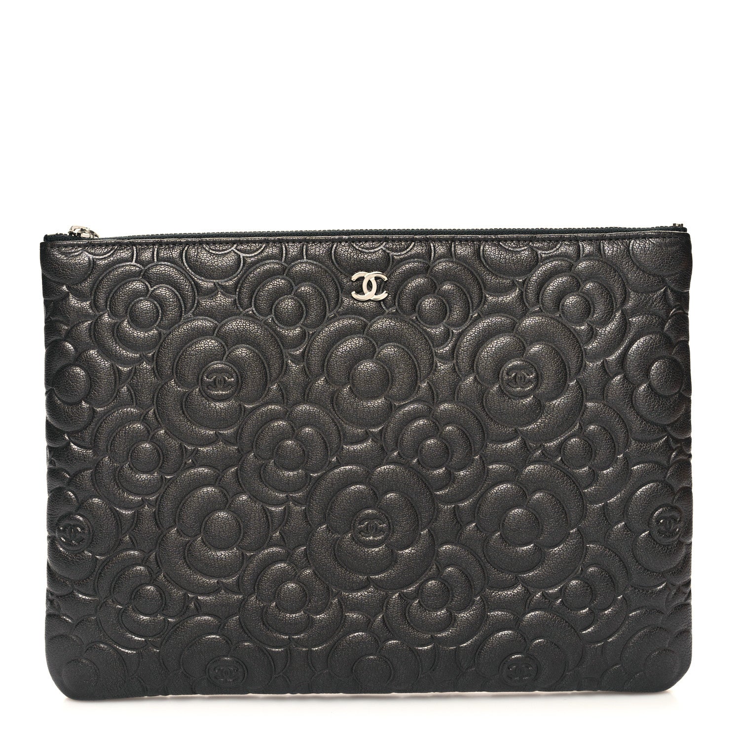 Chanel Goatskin Camellia Embossed Medium Cosmetic Case Dark Grey 1 of 9