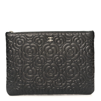 Chanel Goatskin Camellia Embossed Medium Cosmetic Case Dark Grey 1 of 9