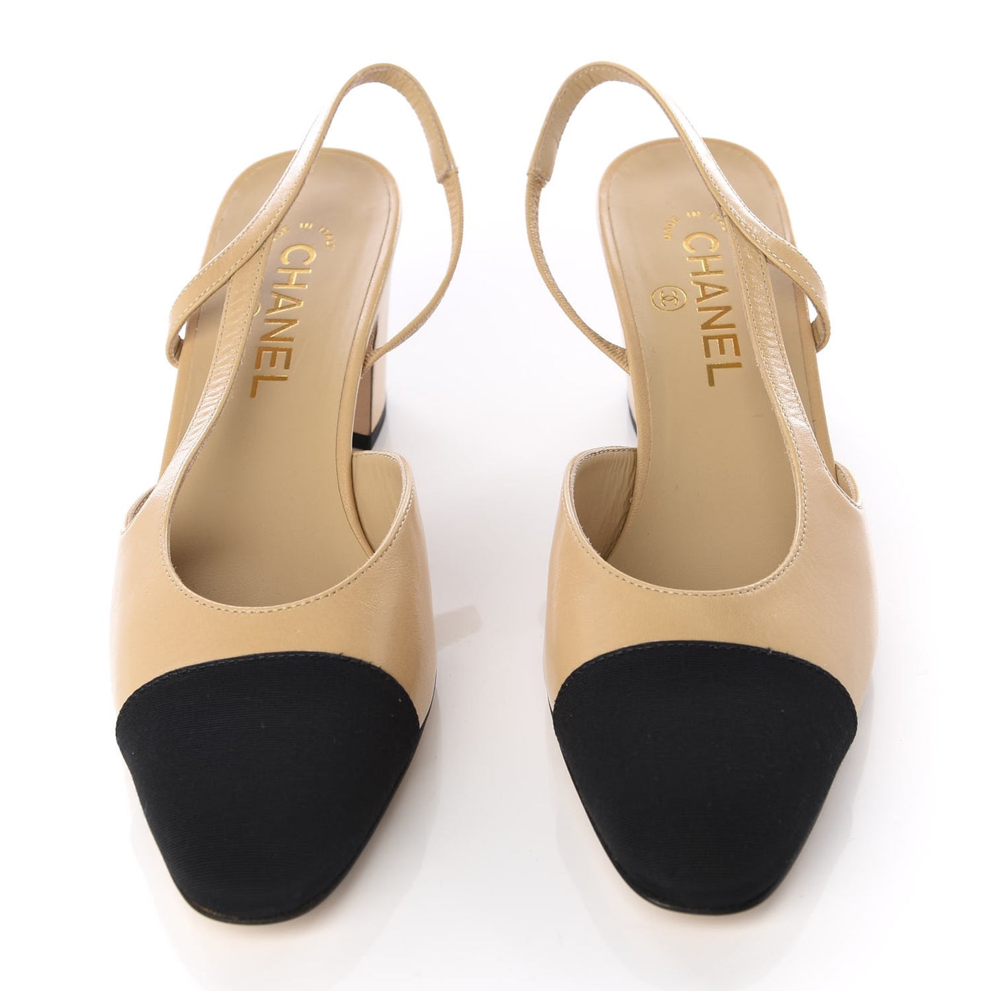 Goatskin Grosgrain Cap Toe CC Slingback Pumps 39.5 Beige Black