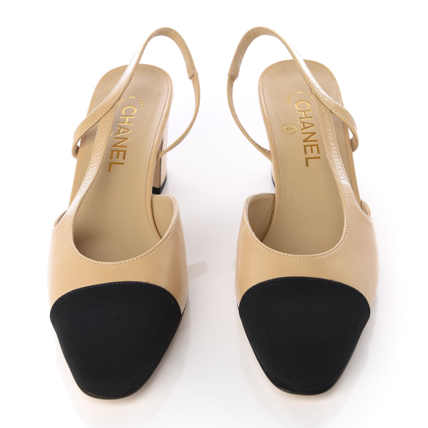 Chanel Goatskin Grosgrain Cap Toe CC Slingback Pumps 39.5 Beige Black 3 of 8