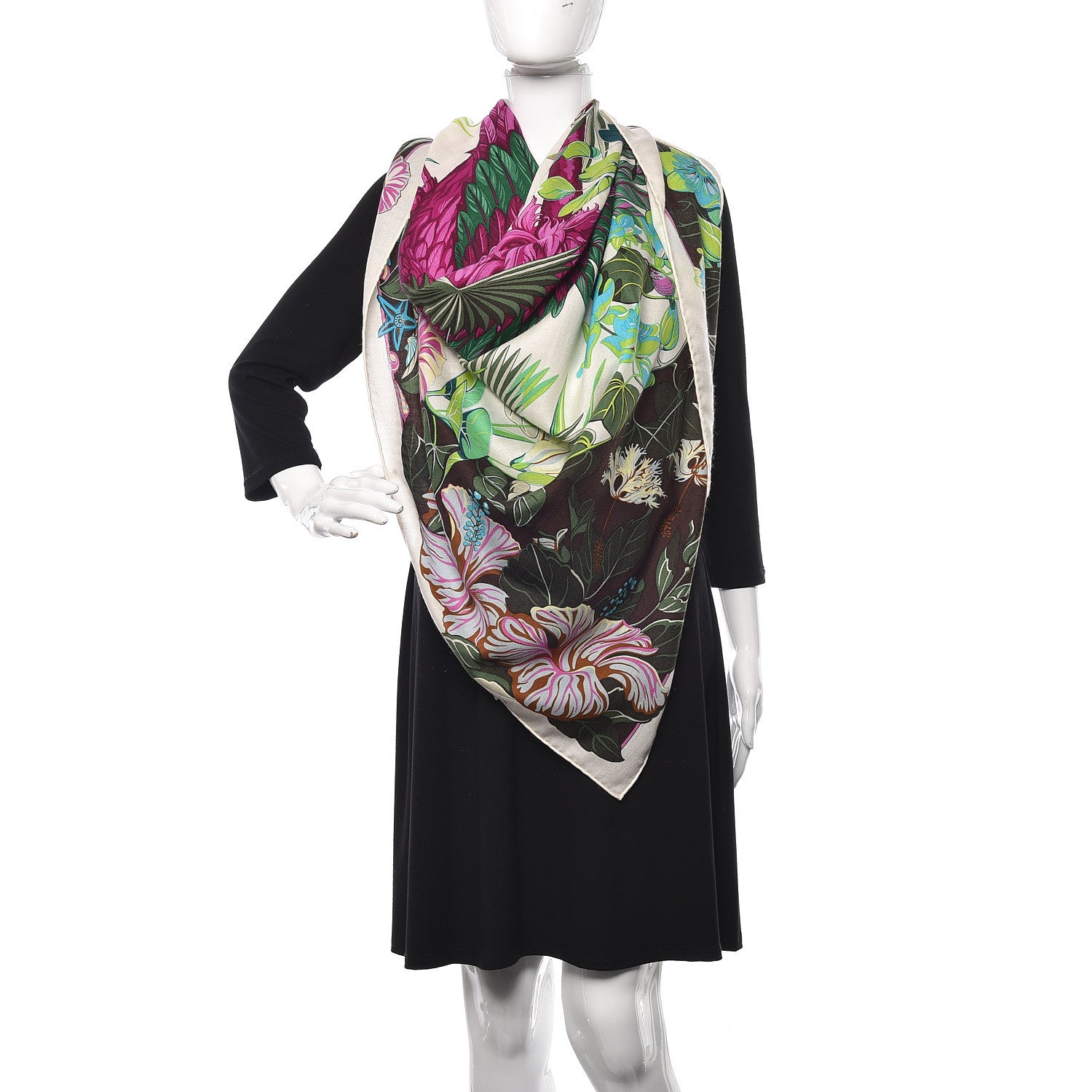Hermes Cashmere Silk Flamingo Party Shawl 140 Blanc Vert Fuchsia 2 of 4