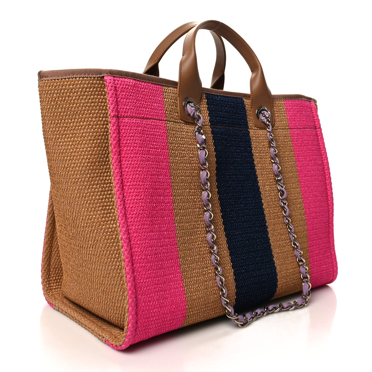 Straw Raffia Calfskin Striped Medium Deauville Tote Dark Beige Fuchsia Navy Blue