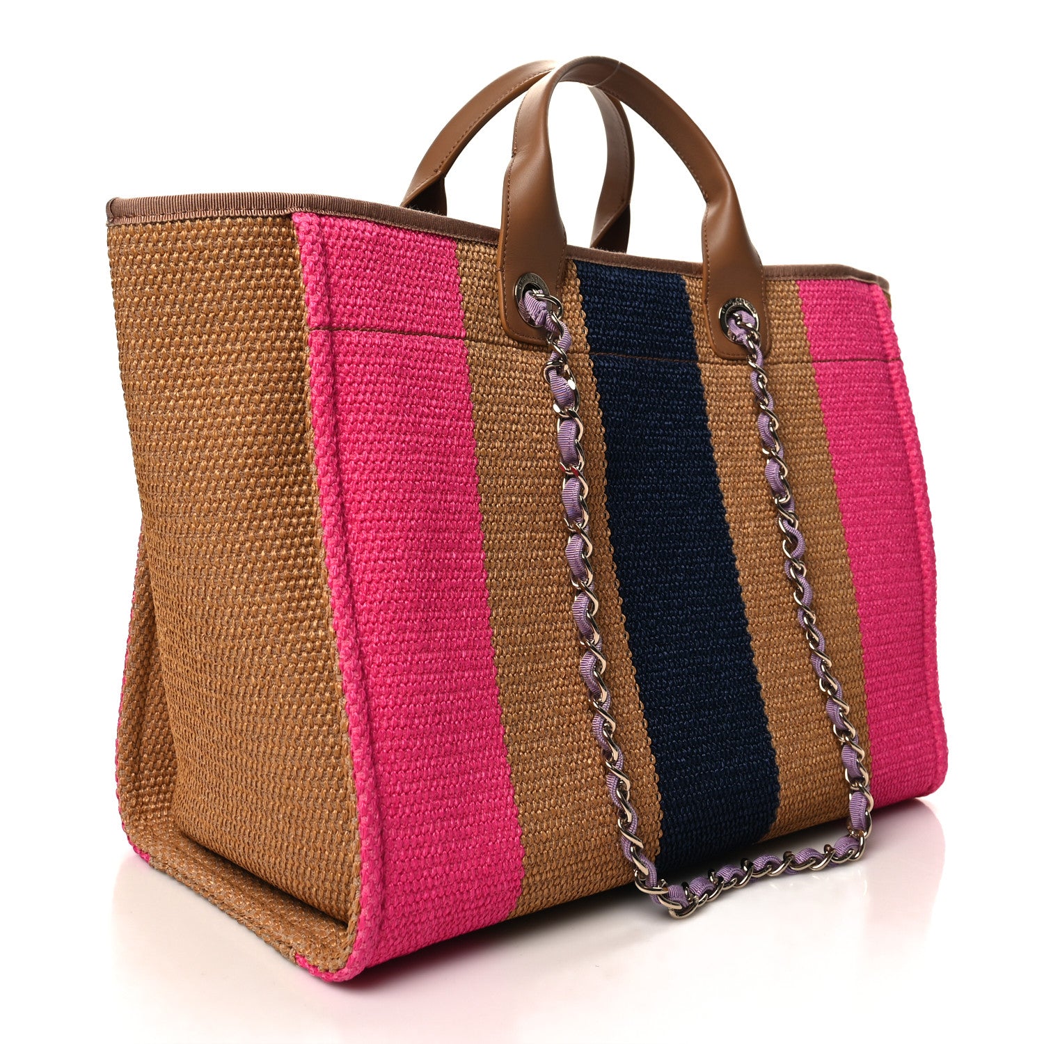 Chanel Straw Raffia Calfskin Striped Medium Deauville Tote Dark Beige Fuchsia Navy Blue 3 of 12