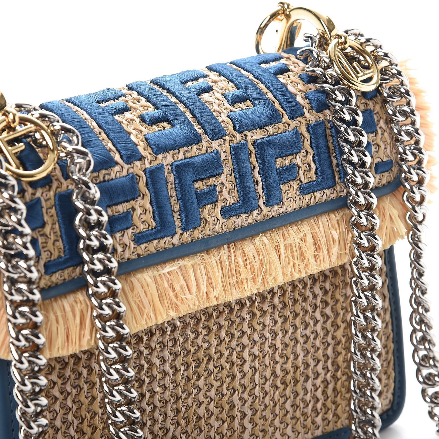 Raffia Vitello Century F is Fendi FF Embroidered Fringe Small Kan I Shoulder Bag Natural Blue