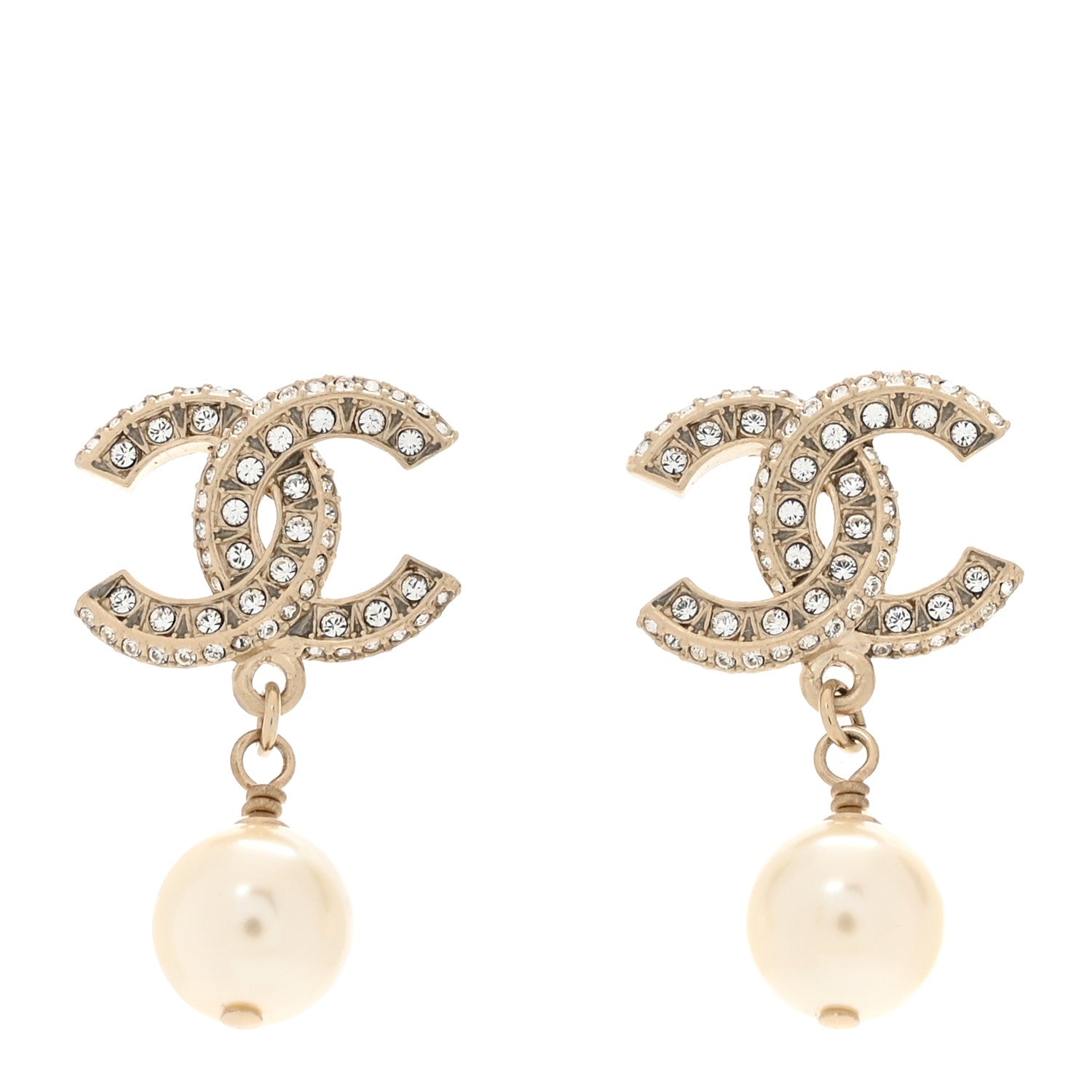 Chanel Crystal Timeless CC Pearl Drop Earrings Light Gold 1 of 5