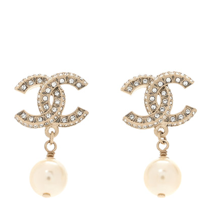 Chanel Crystal Timeless CC Pearl Drop Earrings Light Gold 1 of 5