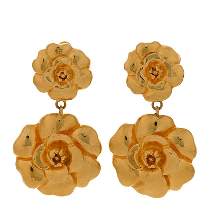 Chanel Camellia CC Clip On Drop Earrings Gold 1 of 5