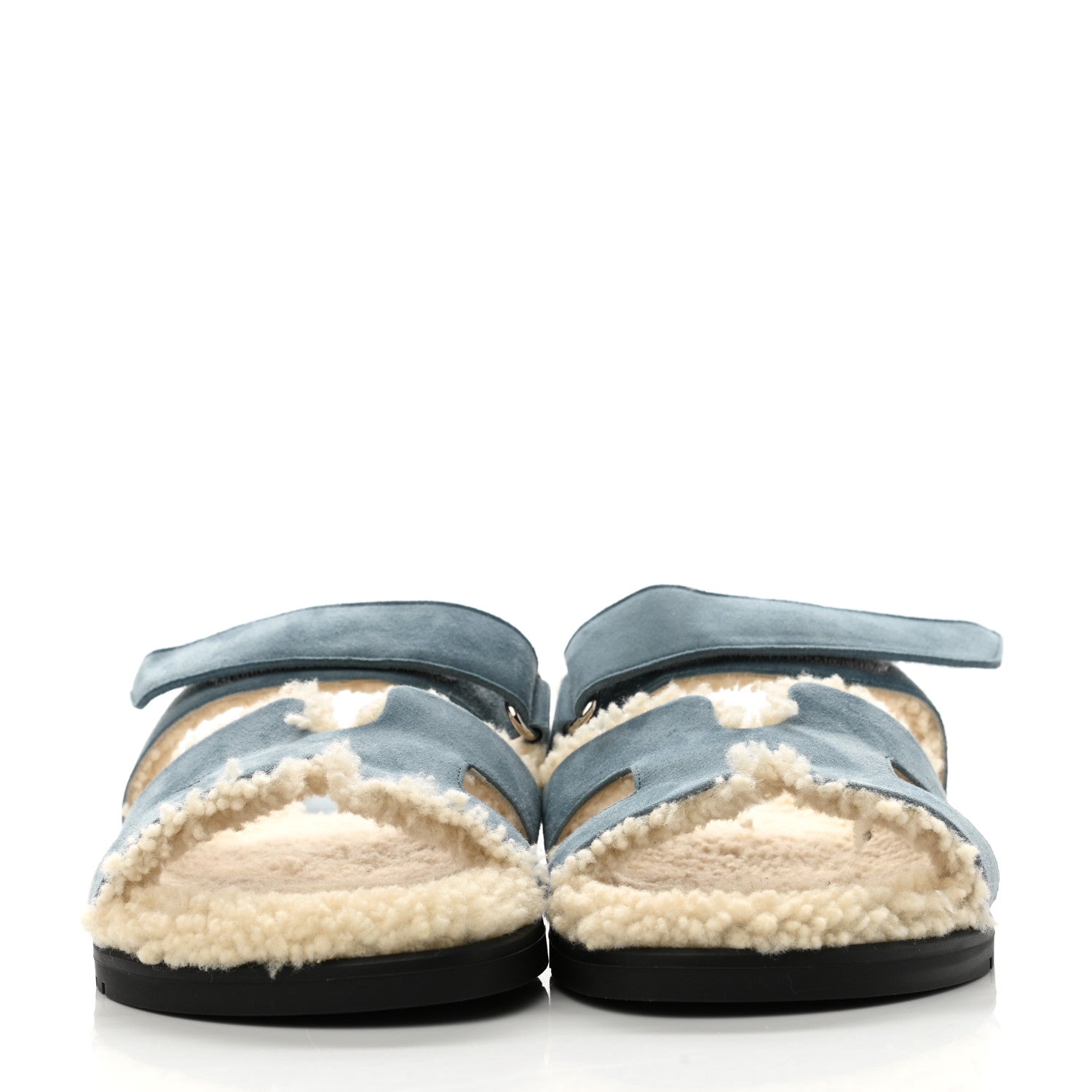 Hermes Suede Goatskin Woolskin Womens Chypre Sandals 38.5 Bleu Pinede Ecru 2 of 8